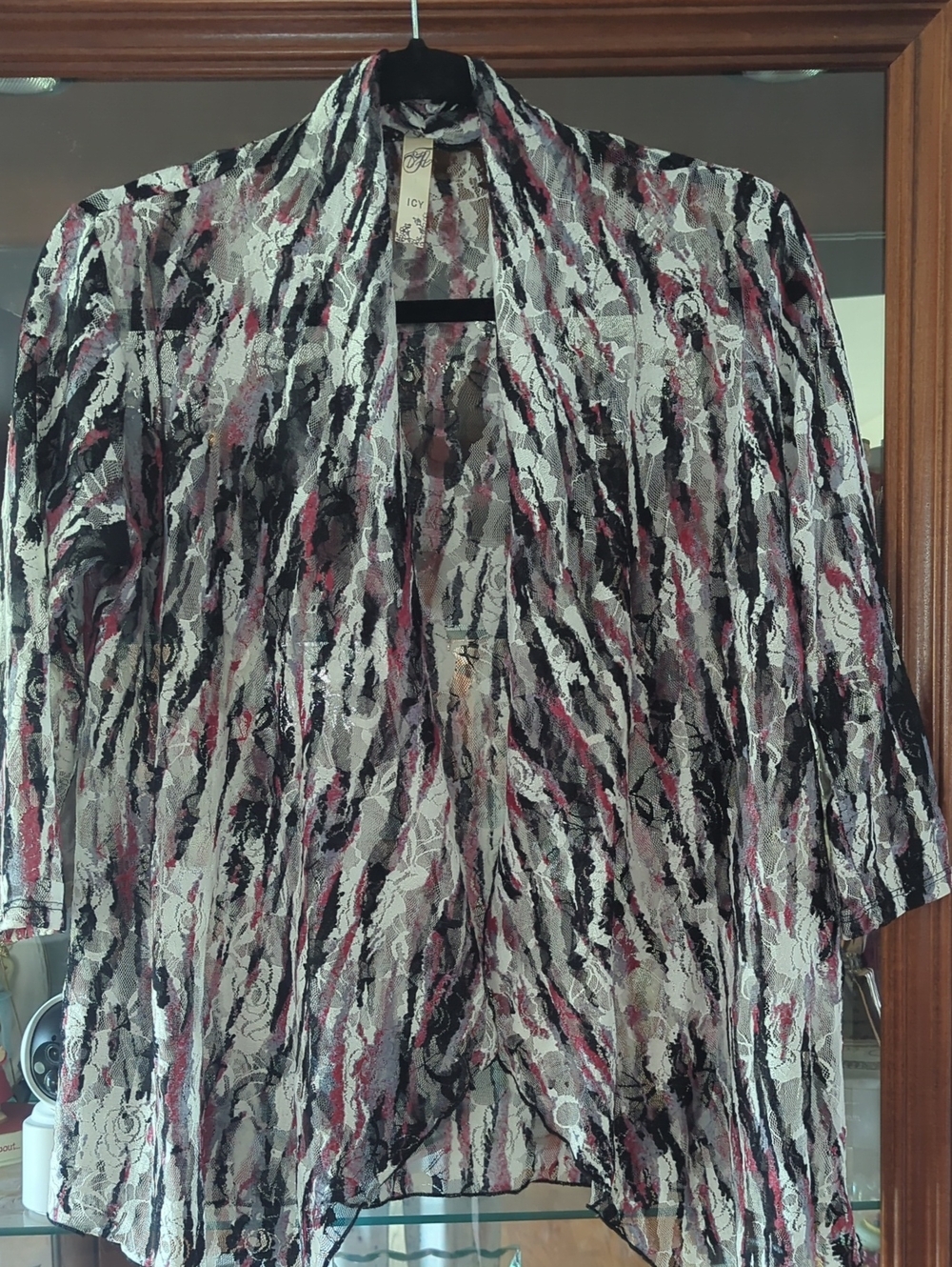 IC Collection Sheer Lace-Pattern Open-Front Tunic - Black, White & Red